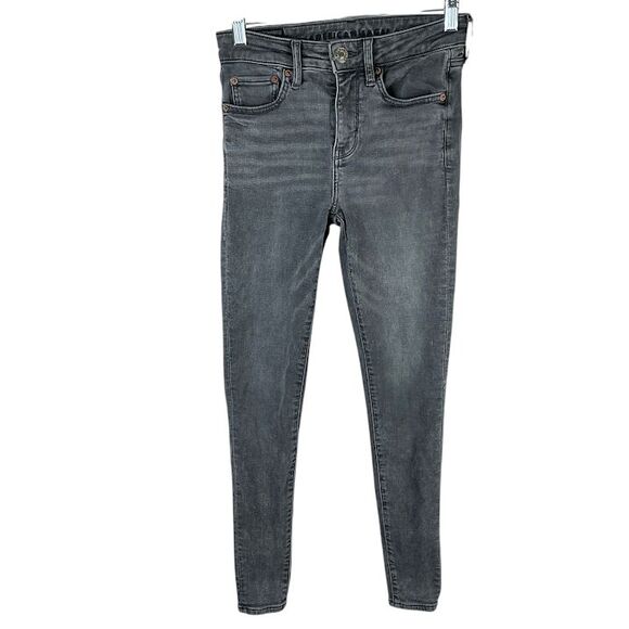 American Eagle Soft Grey Denim Hi-Rise Jegging 2 Stretch Distressed Grunge Goth - Picture 1 of 9